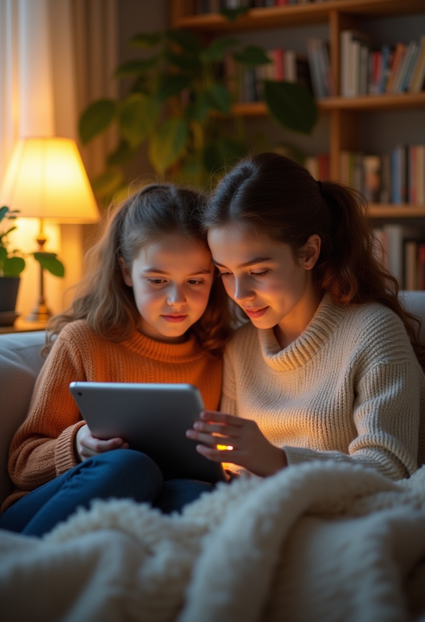 Madre e hija usando pantallas con acompañamiento responsable Imagen de una madre acompañando a su hija en el uso de una tableta, representando el acompañamiento familiar en el mundo digital