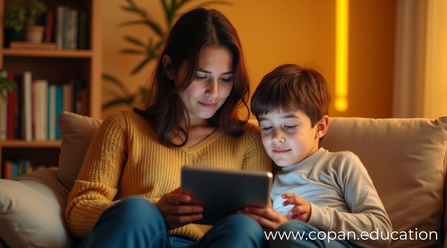 Madre e hijo usando pantallas con acompañamiento responsable Madre conversa con su hijo adolescente mientras miran juntos una tableta, fomentando un uso consciente de la tecnología